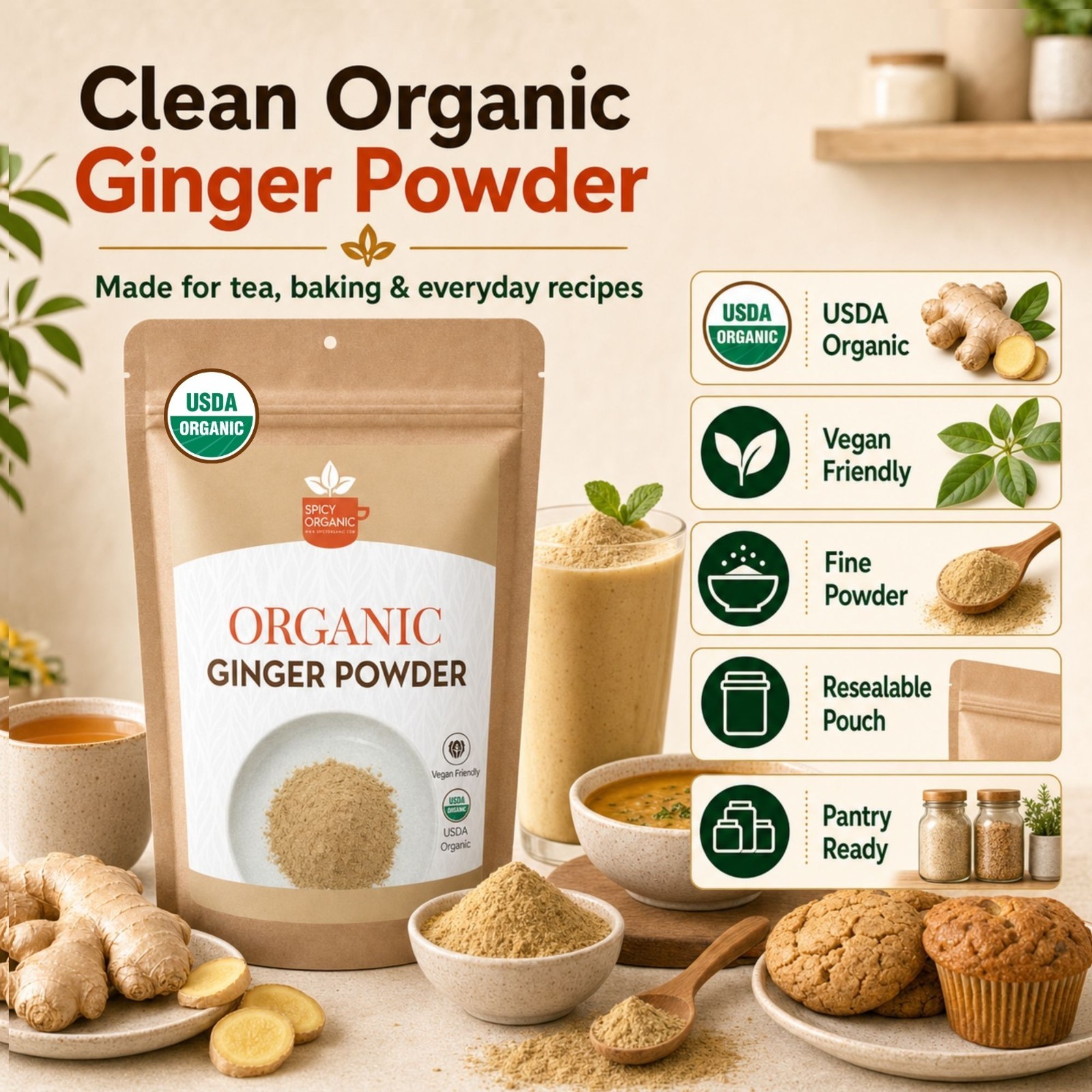 Spicy Organic Ginger Powder 16 oz | USDA Organic