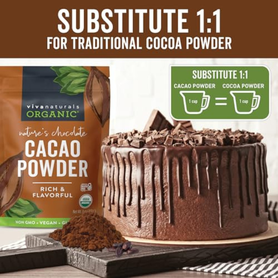 Organic Unsweetened Cacao Powder with Rich Dark Chocolate Flavor