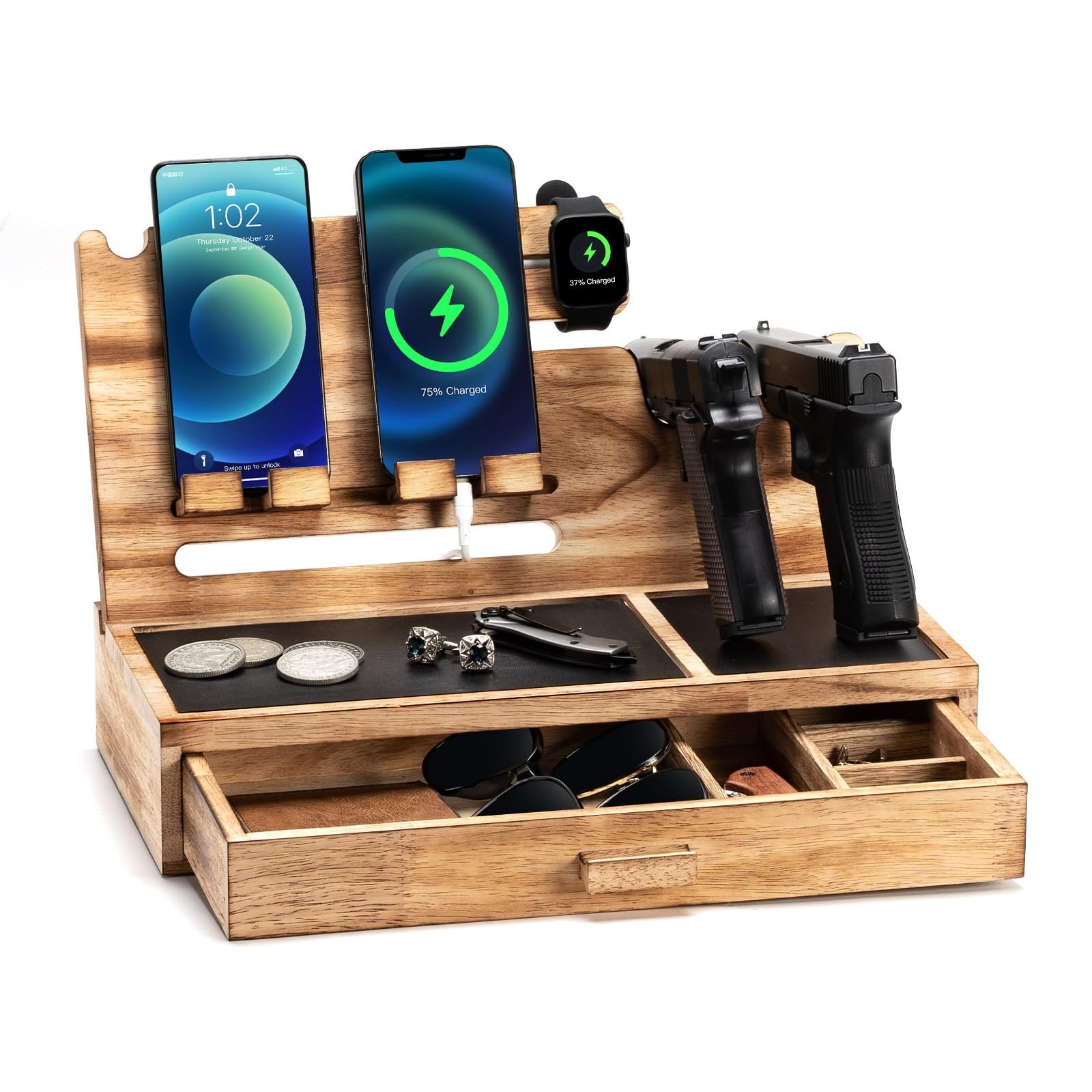 DGWJSU Wood Phone Docking Station & Pistol Rack, Nightstand Organizer, Men Gifts
