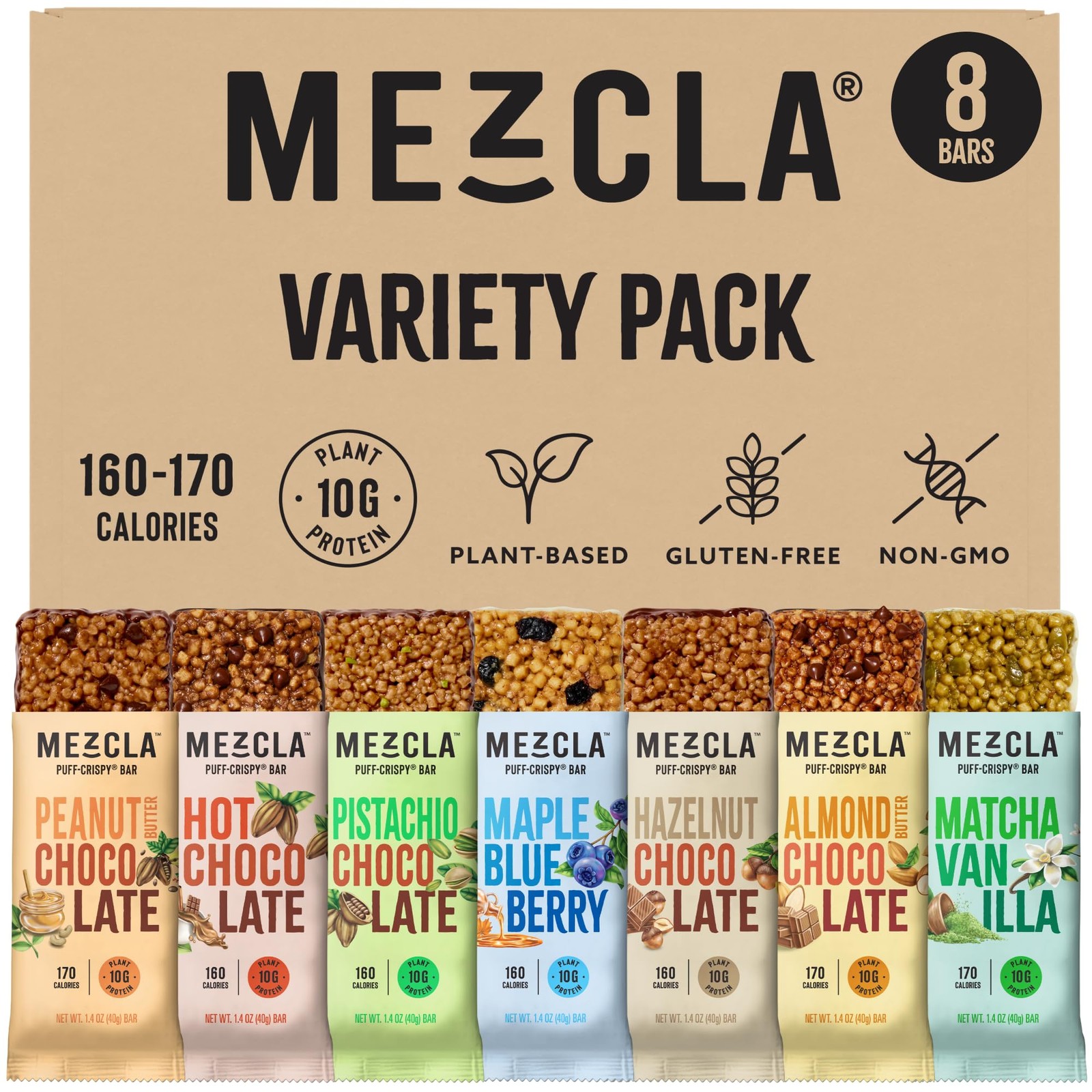Mezcla Puff-Crispy Plant Based Protein Bars – Variety 8 Count (Pack of 1)
