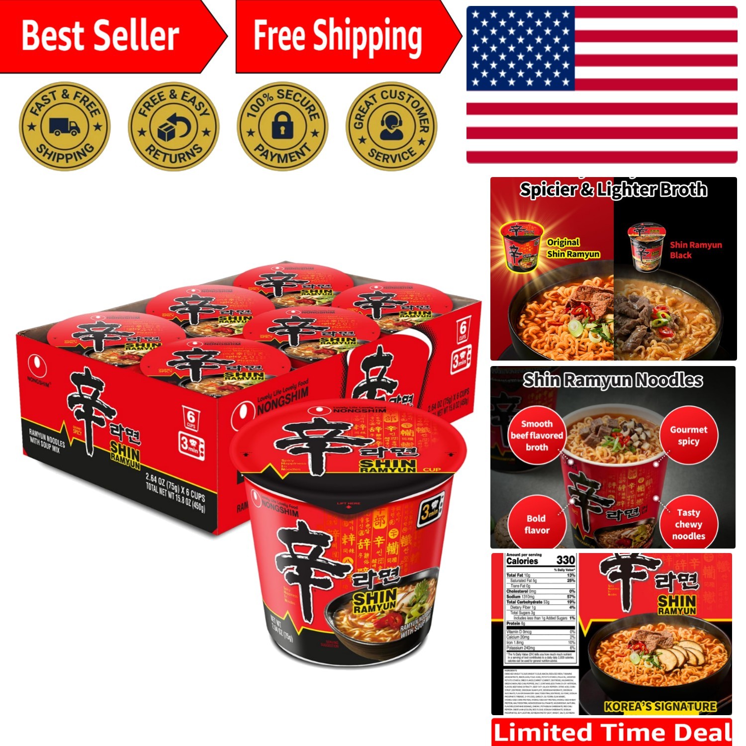 Authentic Korean Shin Ramyun Cups – Spicy Beef Flavor, Quick Meal 6-Pack