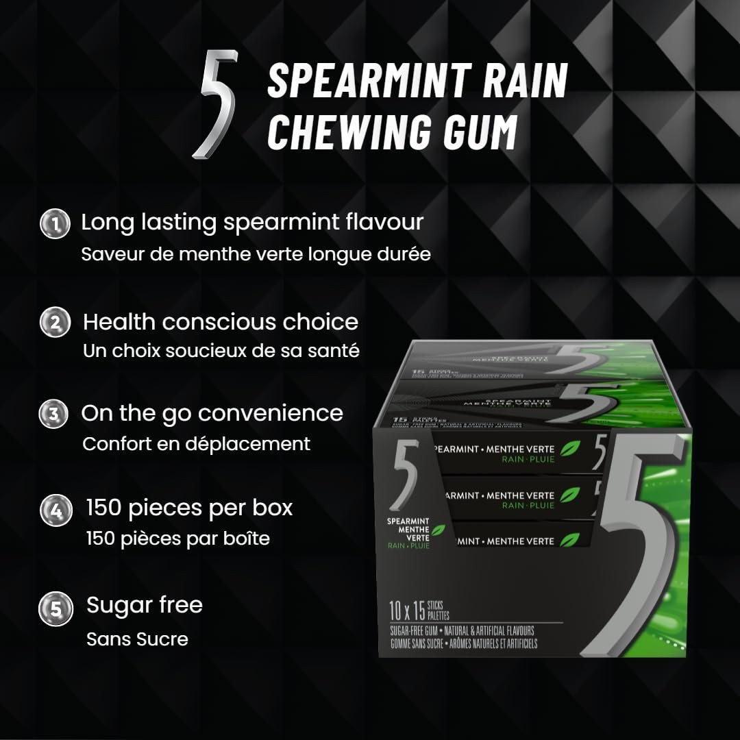 Wrigley 5 Rain-Tingling Spearmint, 10ct/150 15 Count (Pack of 10), Green