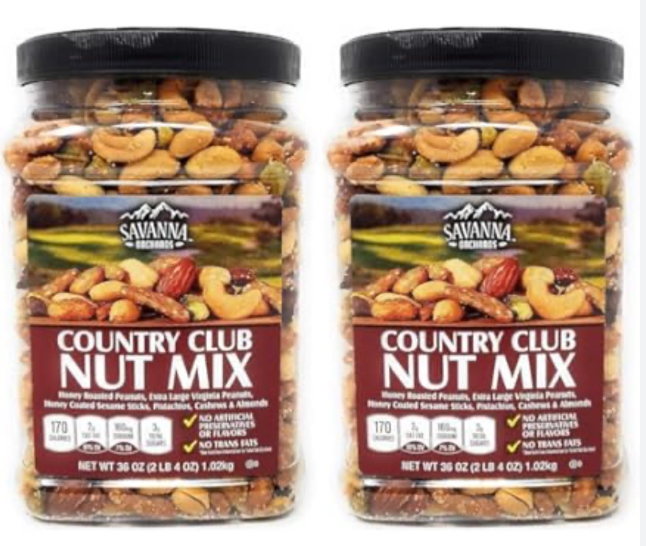 2 X Savanna Orchards Country Club Nut Mix 36 Ounce Plastic Jar Kosher Exp 01/27