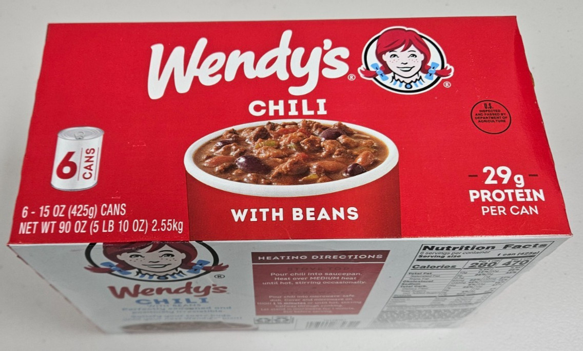 Wendy’s Chili with Beans 15oz Cans 6 Pack Ready-to-Eat Hearty Meal Exp 07/2027