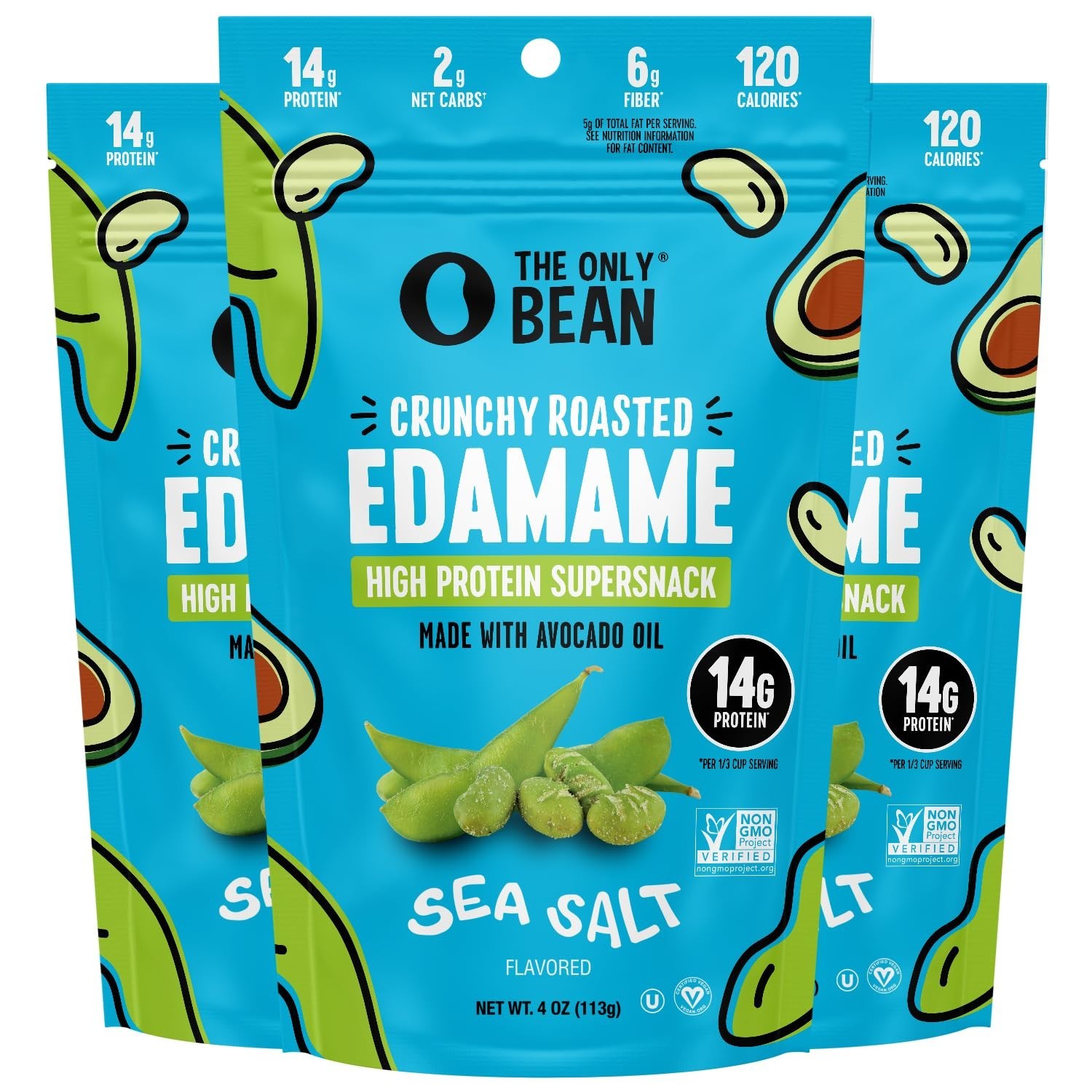 The Only Bean Crunchy Roasted Edamame Snacks Sea Salt Net Wt. 4 oz Pack of 3