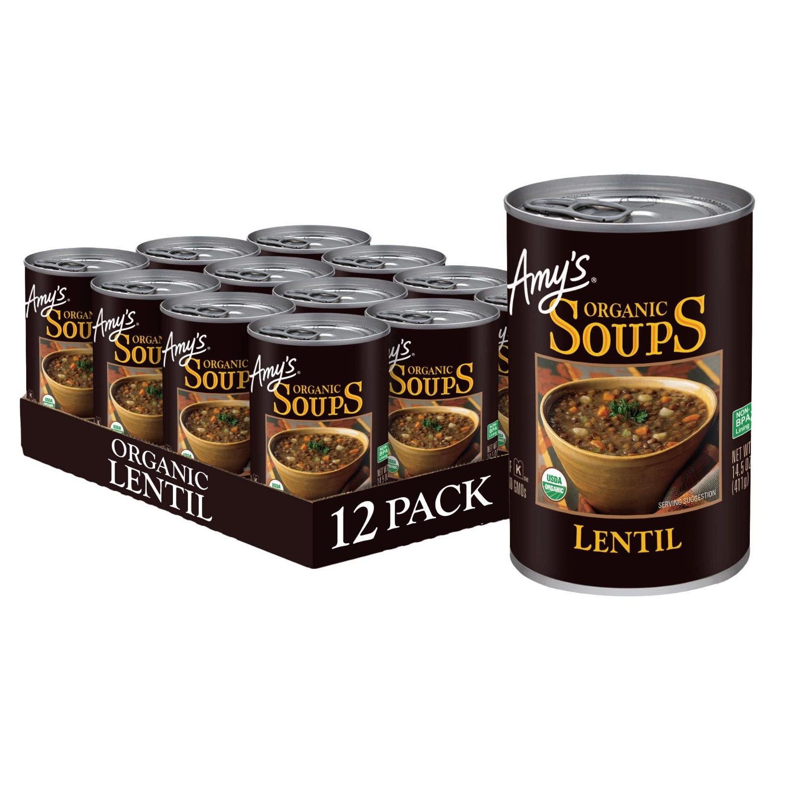 12 Pack 14.5 Ounce Amy’s Soup, Vegan, Gluten Free, Organic Lentil.