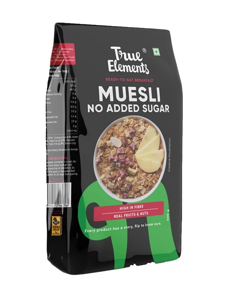 True Elements Muesli No Added Sugar 400gm For Weight Management & Digestion