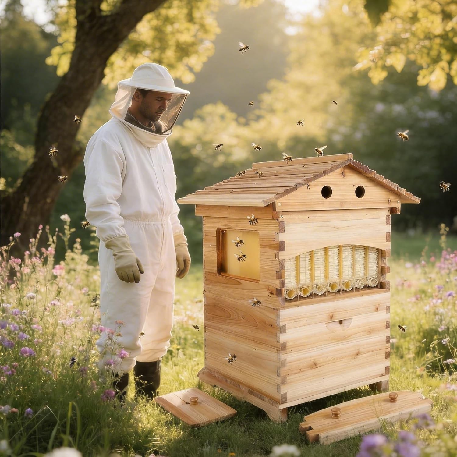 Wooden Automatic Beehive Kit with 7pcs Auto Beekeeping Frames + Hive Stand