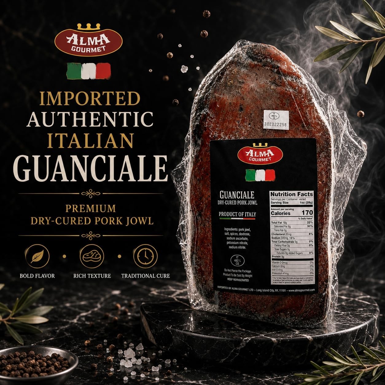 Alma Gourmet Guanciale From Italy – Italian Dry-Cured Pork Jowl Imported 3.3 lb