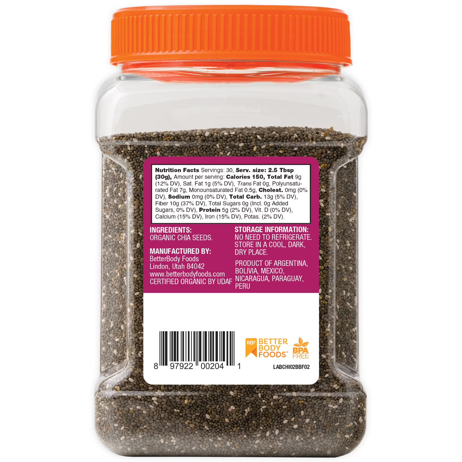 BetterBody Foods Organic Chia Seeds, 2.0 lb, 30 Servings………