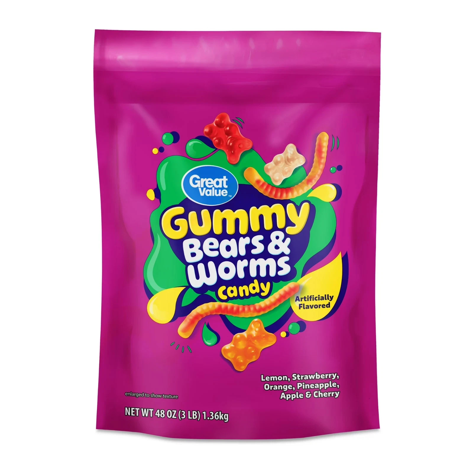 Great Value Gummy Bears & Worms Chewy Candy Assorted Flavors 48 oz Bag