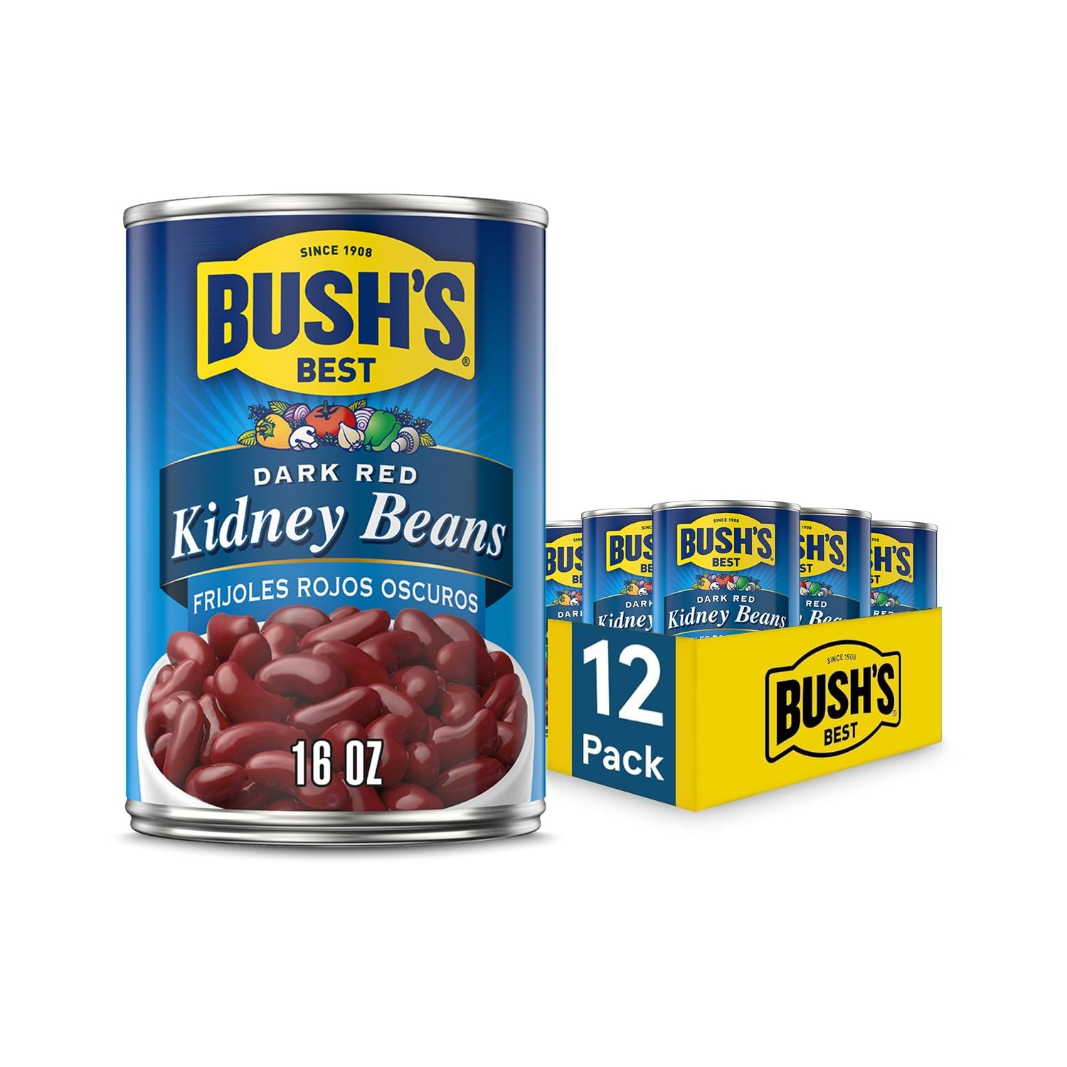 (Pack of 12) BUSH’S BEST Canned Dark Red Kidney Beans, Gluten Free,(16 oz)