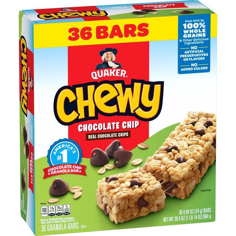 Chewy Granola Bars Chocolate Chip Flavor 36 Count Whole Grain Healthy Snack New