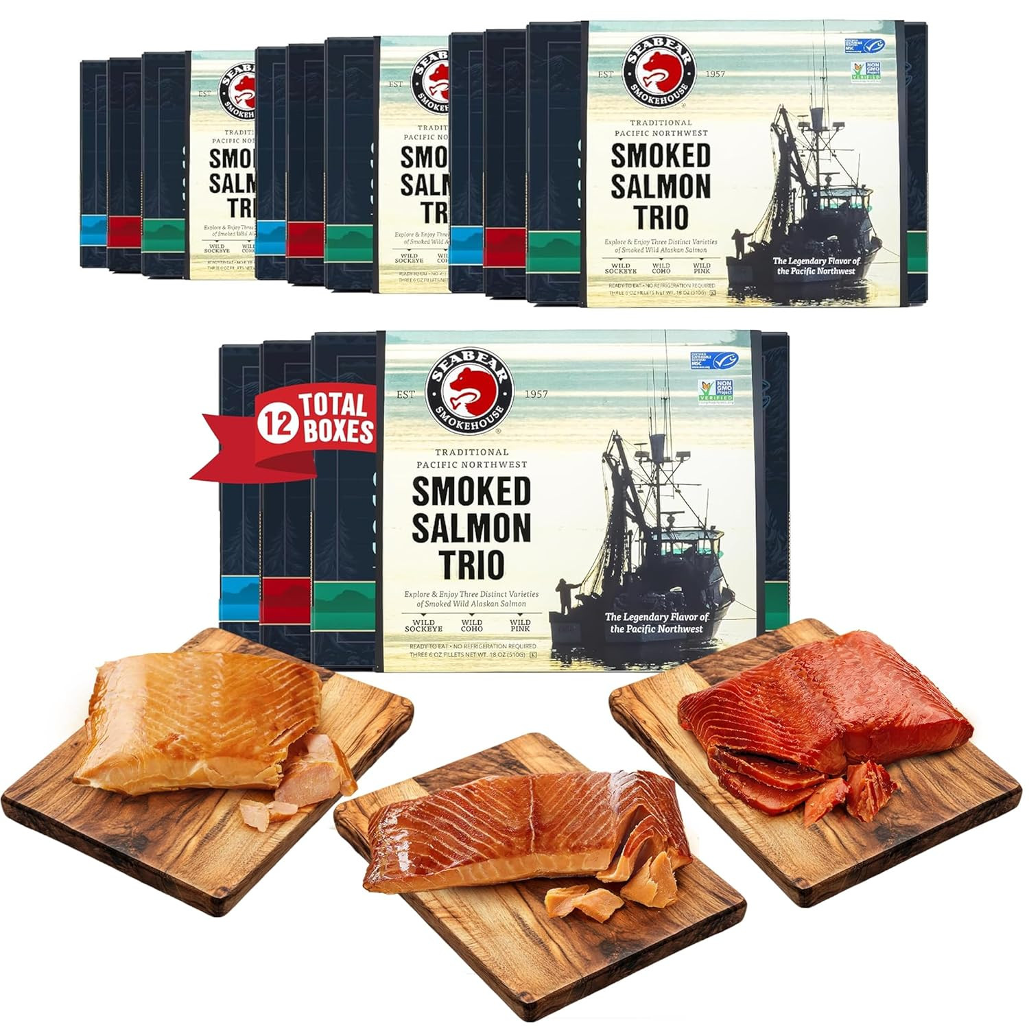 Seabear Smoked Salmon Trio 18Oz (3 X 6Oz) Fillets Gift Box – Wild Alaska Sockey