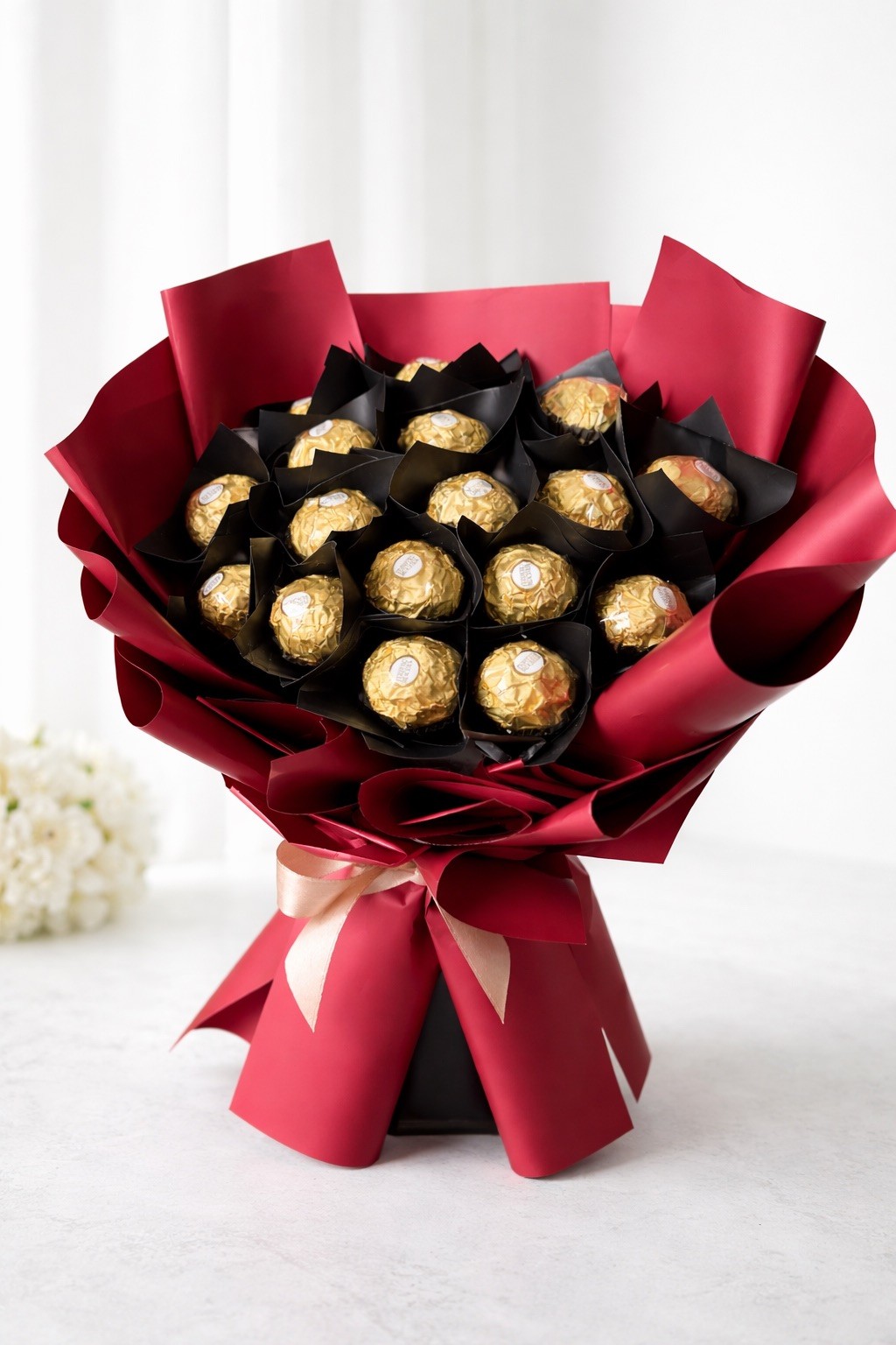 Gold-Foil Wrapped Chocolate Bouquet Gift Arrangement, Black Wrap Beige Ribbon