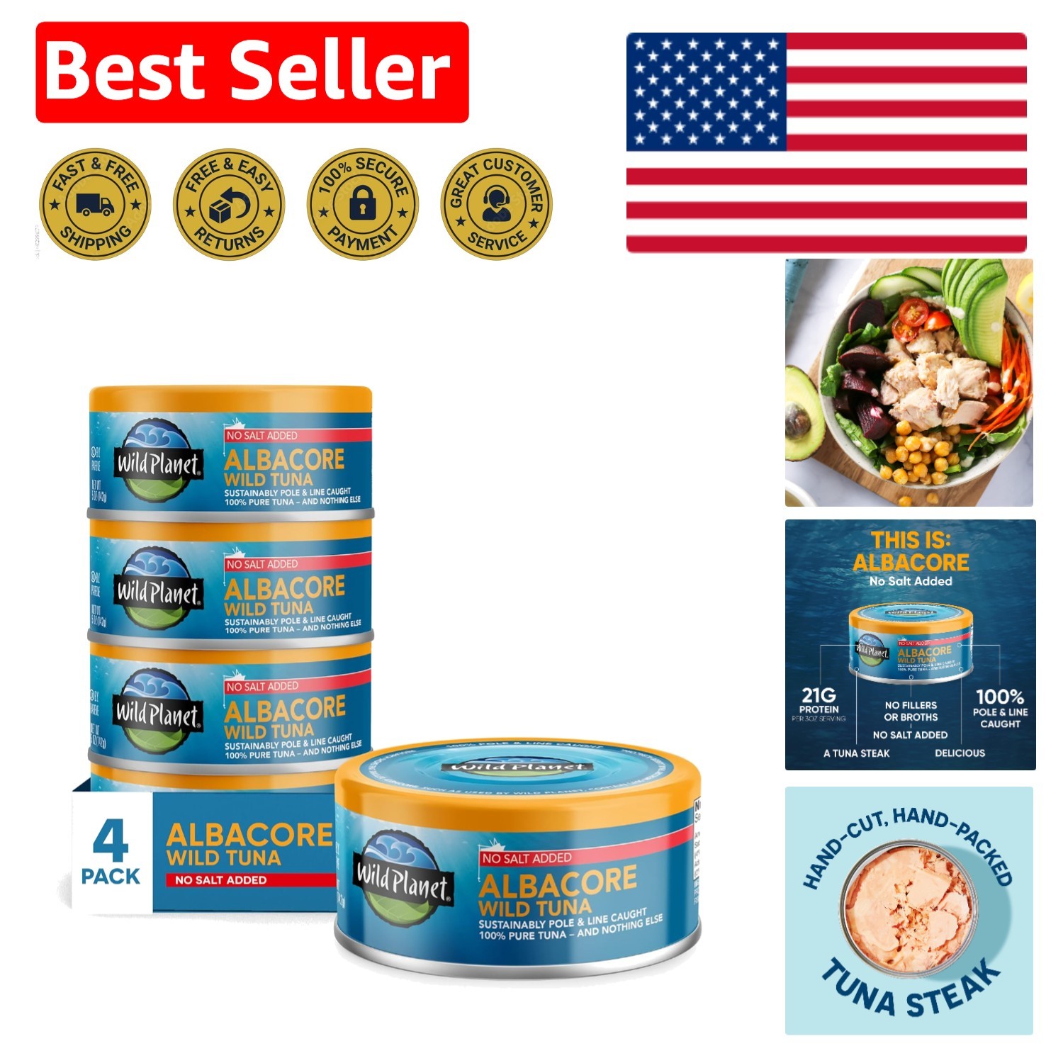 Nutritious Wild Albacore Tuna, 5 oz Cans – No Salt Added, Gluten Free, Pack of 4
