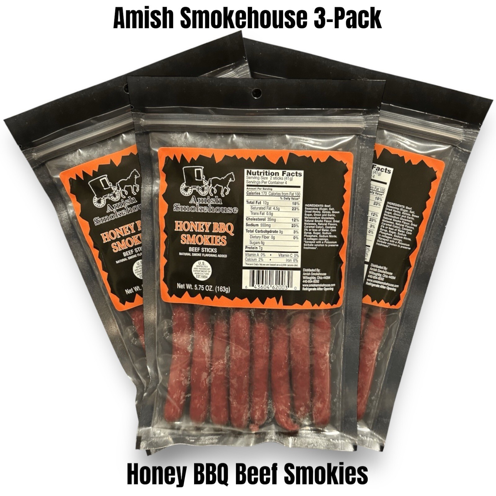 Amish Smokehouse Honey BBQ Beef Sticks (3) 5.75oz Bagged Resealable Smokies