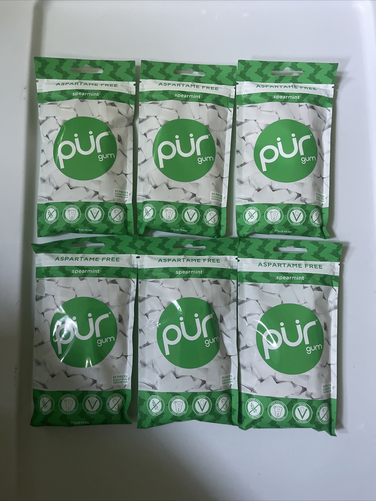 6 Packs PUR Chewing Gum SPEARMINT 55 pieces in each Aspartame Free BB 04/26 Lot2