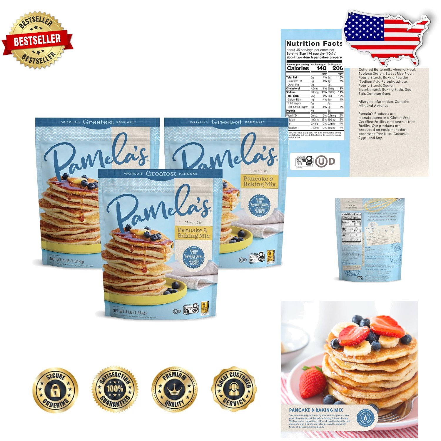 Pamela’s GF Baking Mix 3 Bags – 64oz Each – Delicious Fluffy Pancakes & More