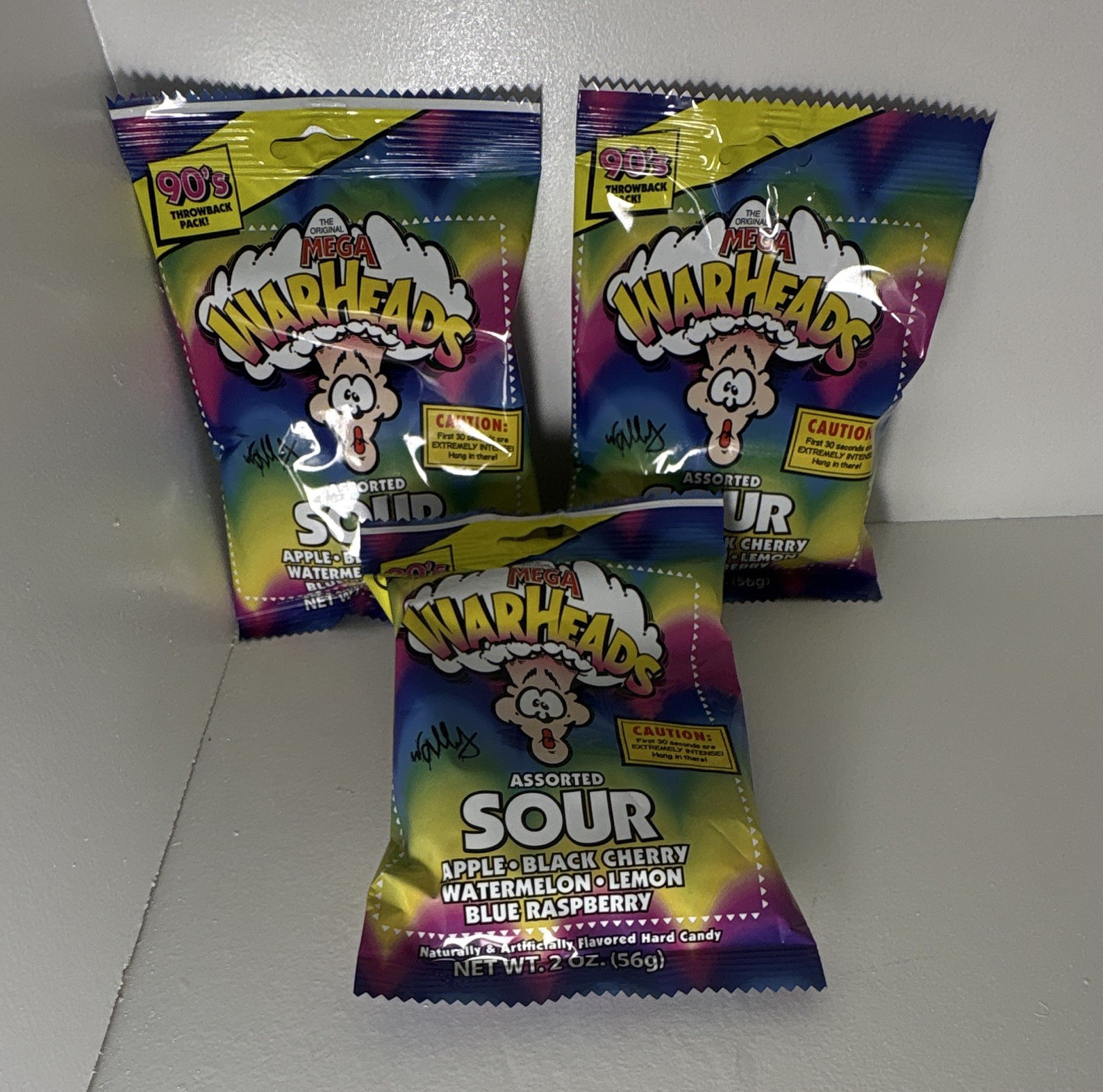 Warheads Mega Sour Assorted Hard Candy 2 oz (56g) Bags 3 Pack 90s Throwback