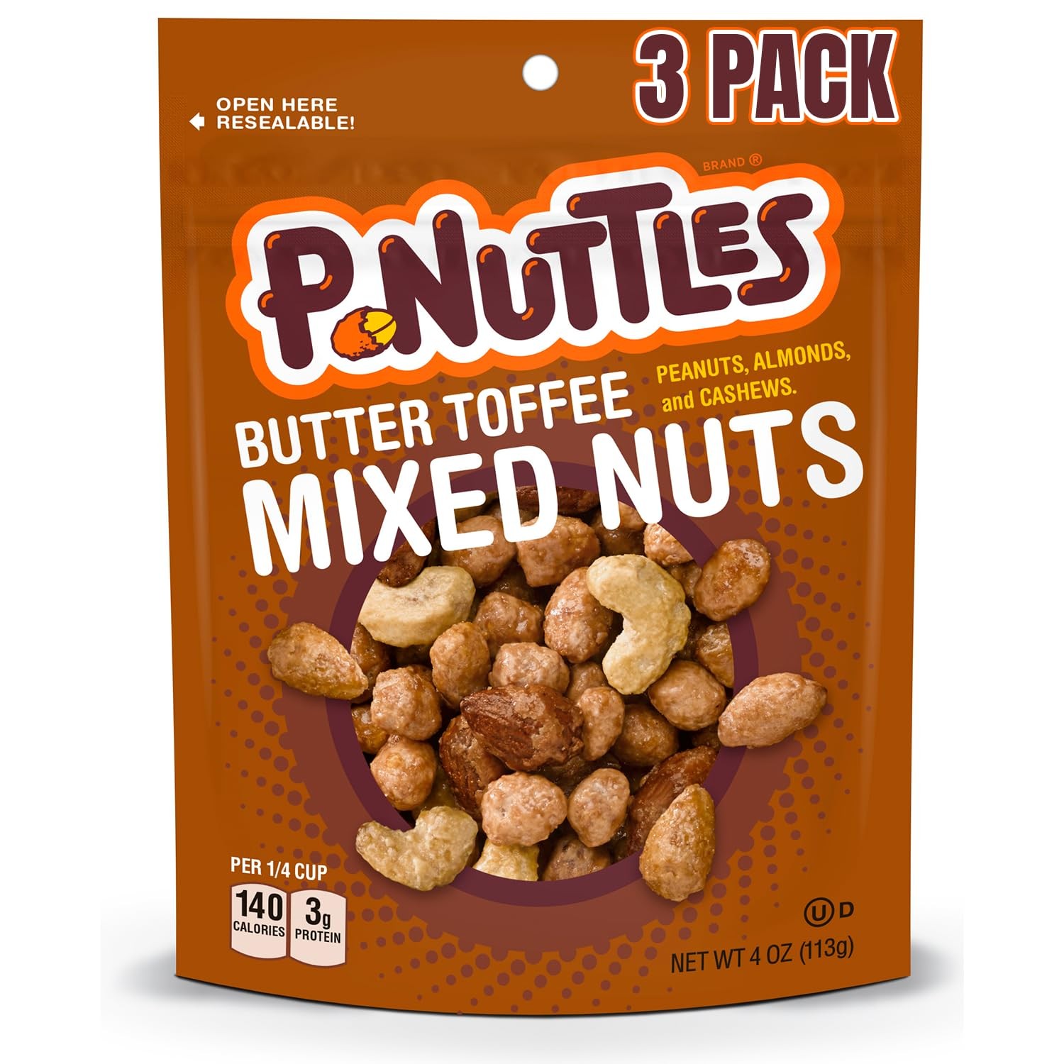 P-Nuttles Butter Toffee Mixed Nuts, 4oz Resealable Bags (Pack of 3) – Butter …