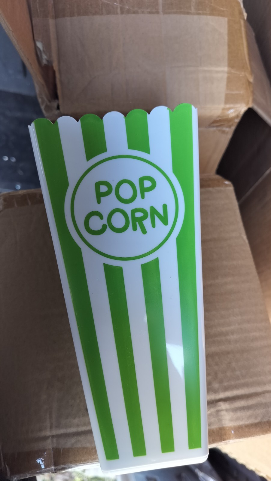 Plastic Popcorn Containers Red & White, green, and purple Reusable full Boxes.