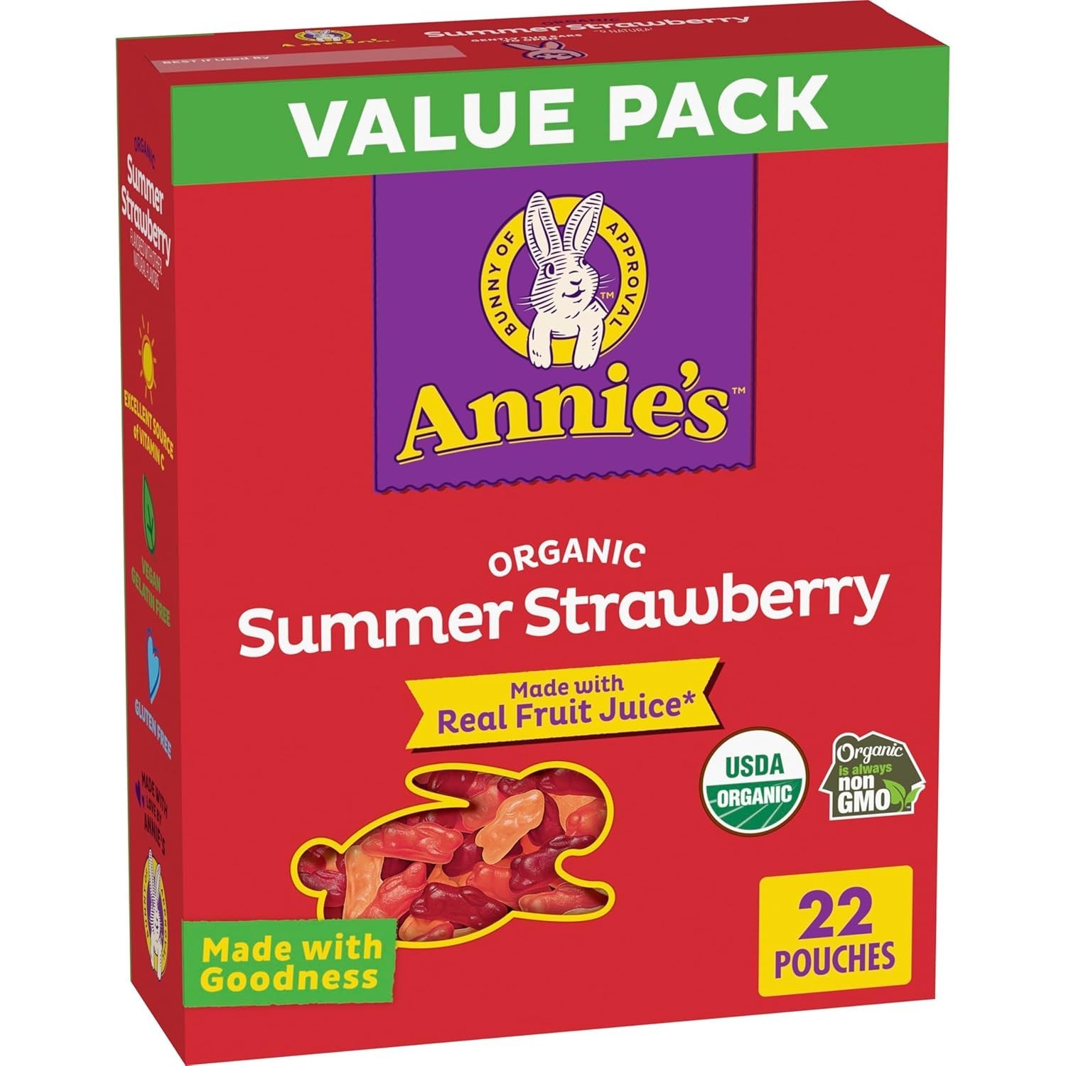 Bunny-Shaped Summer Strawberry Organic Gummies – 22 Gluten-Free Pouches for Kids