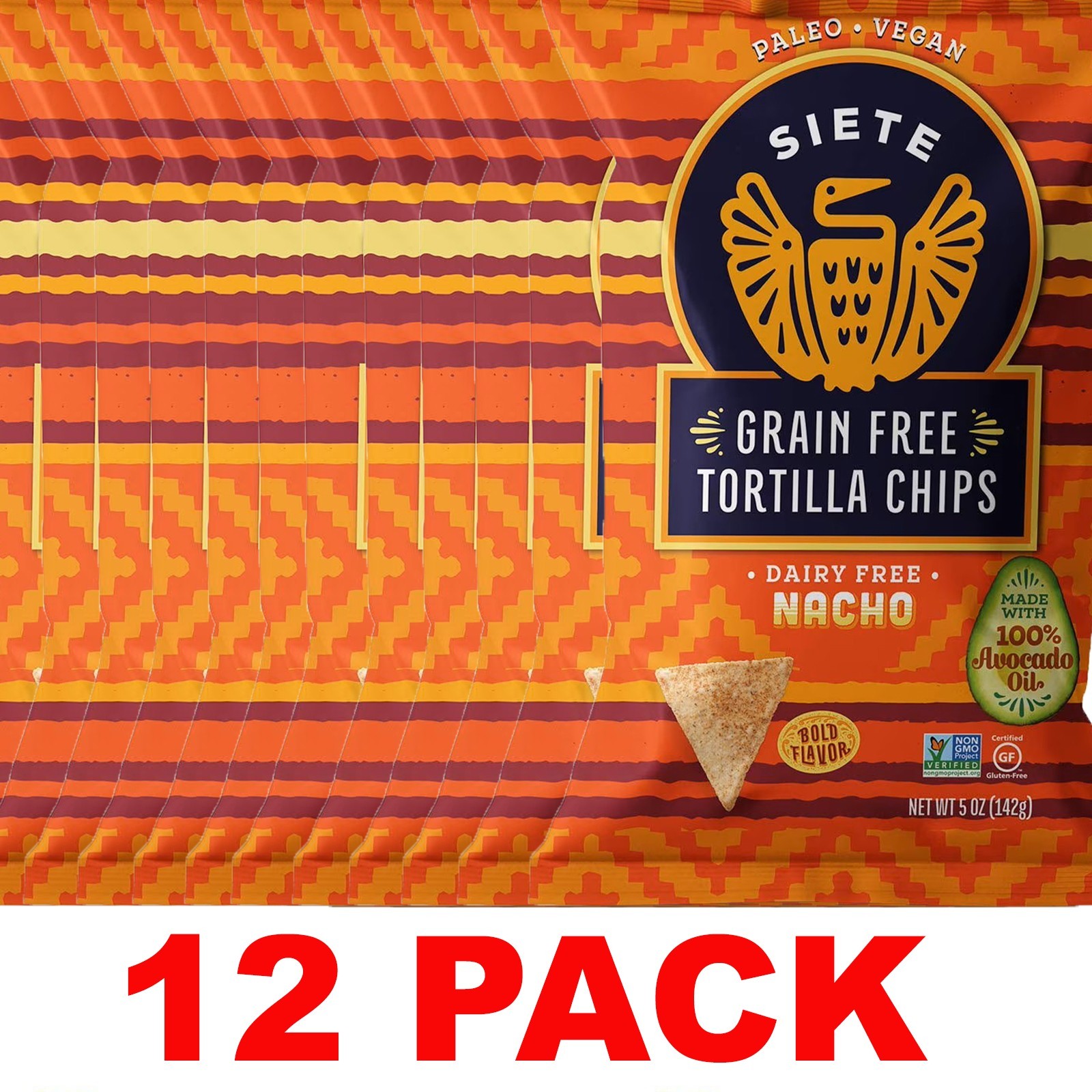 SIETE Dairy Free NACHO TORTILLA CHIPS Grain Free 5 oz Bag – 12 PACK