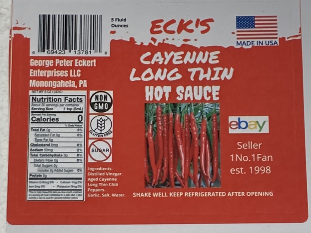 ECK’S CAYENNE LONG THIN Hot Pepper Sauce 5 oz Bottle MONONGAHELA PA