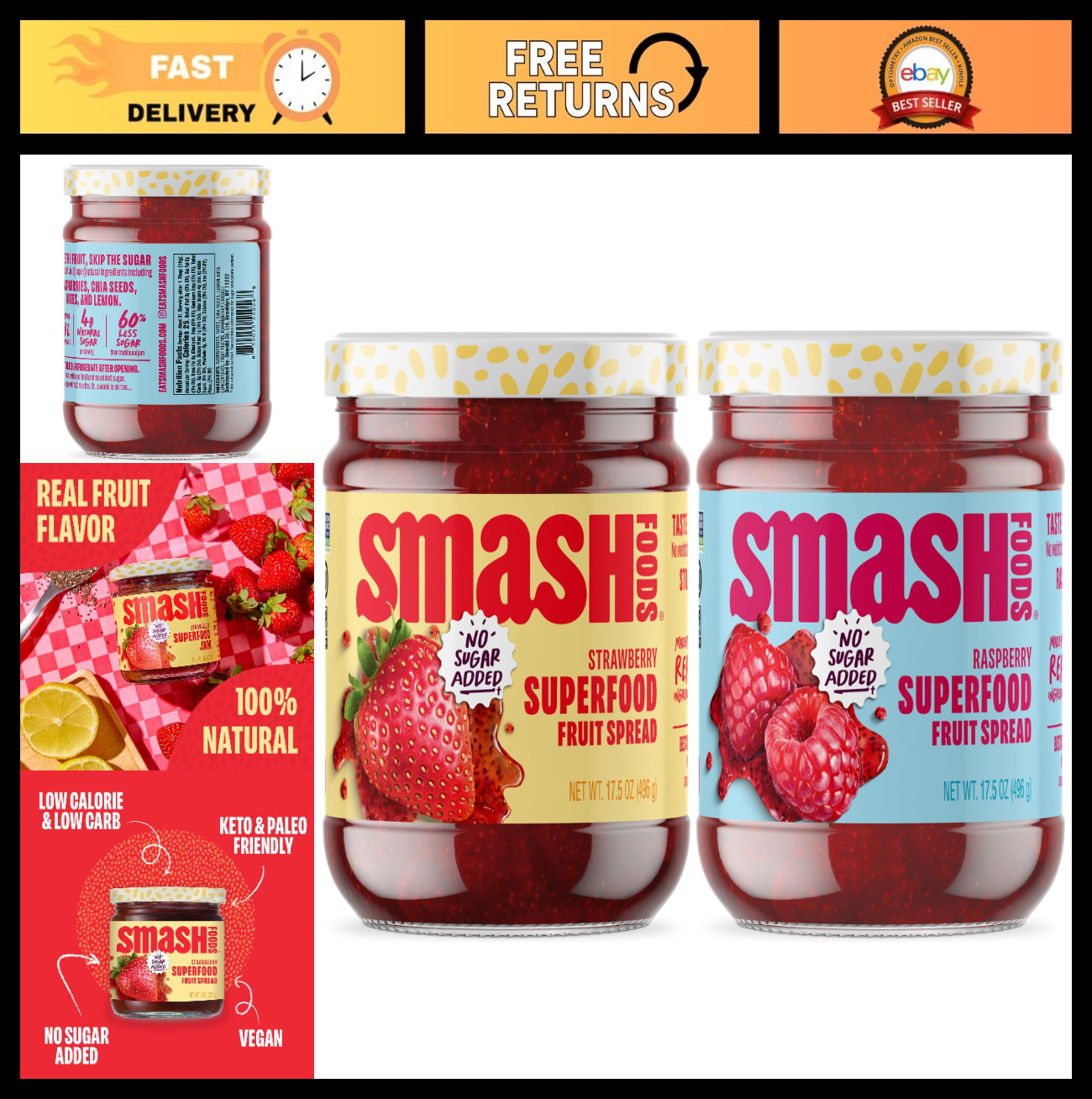 Sugar-Free Superfood Fruit Spread, Strawberry Raspberry, Vegan, Keto, 2 Pack – 1