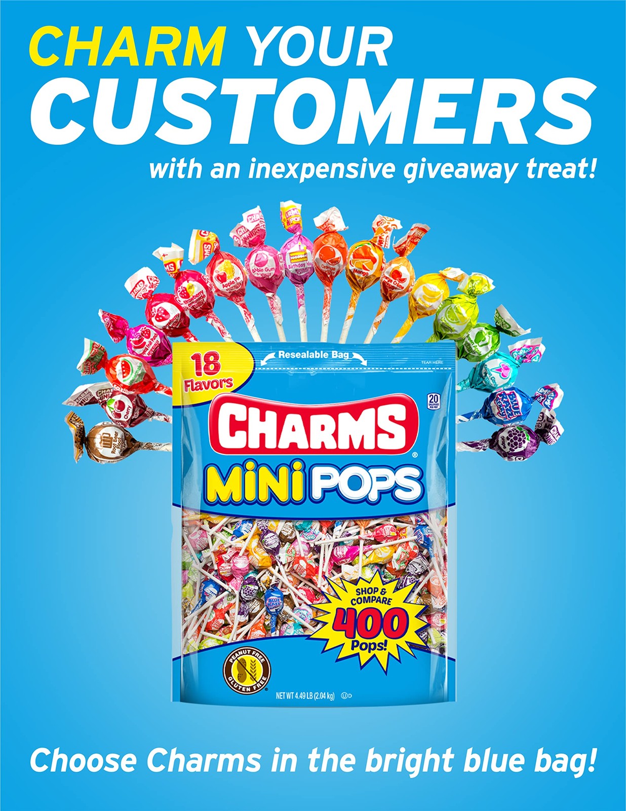 Charms Mini Pops – 4.5 lb Bag of Individually Wrapped Fruity Hard Candy Lollipop