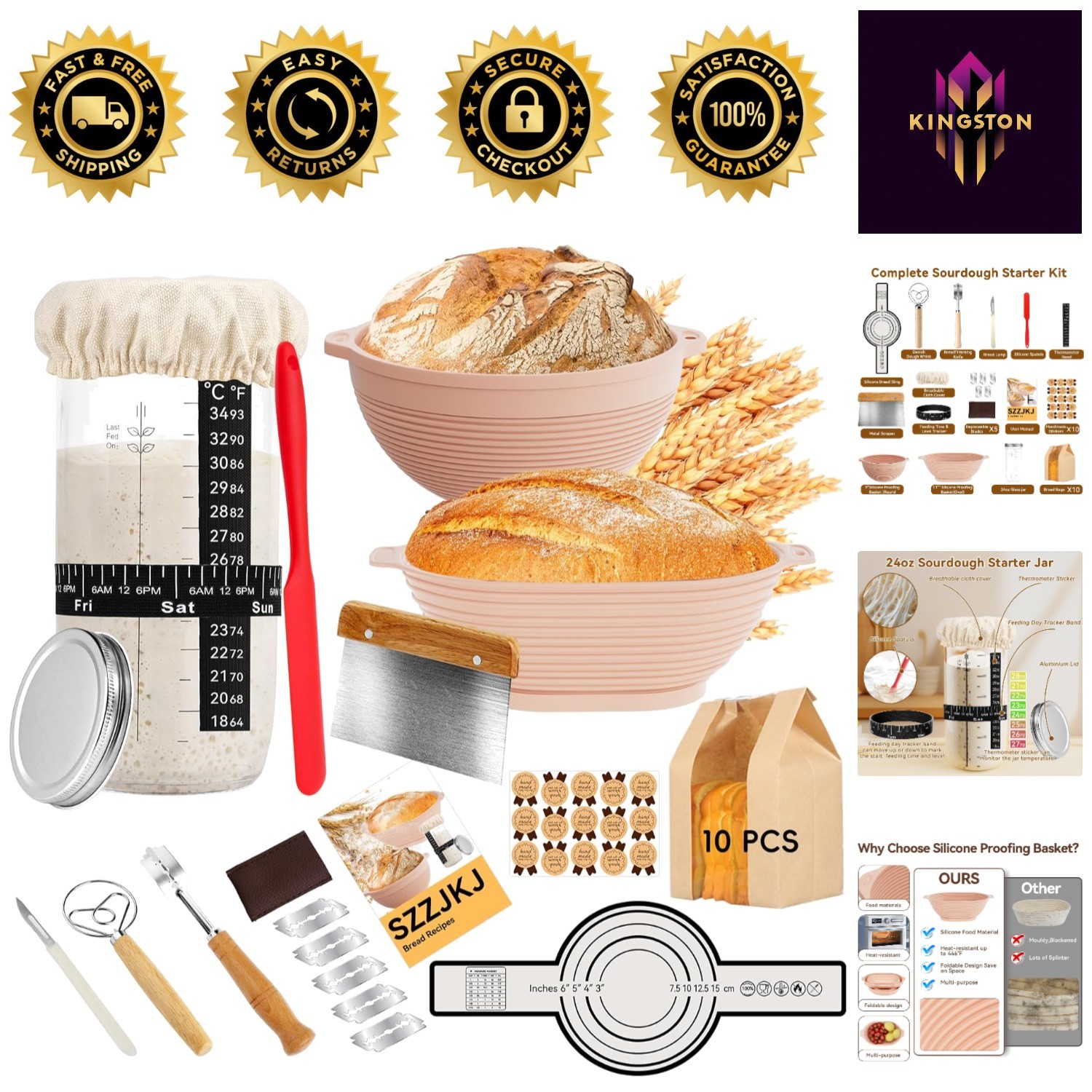 Luxury 24-Piece Sourdough Baking Set with Silicone Proofing Baskets – Pink