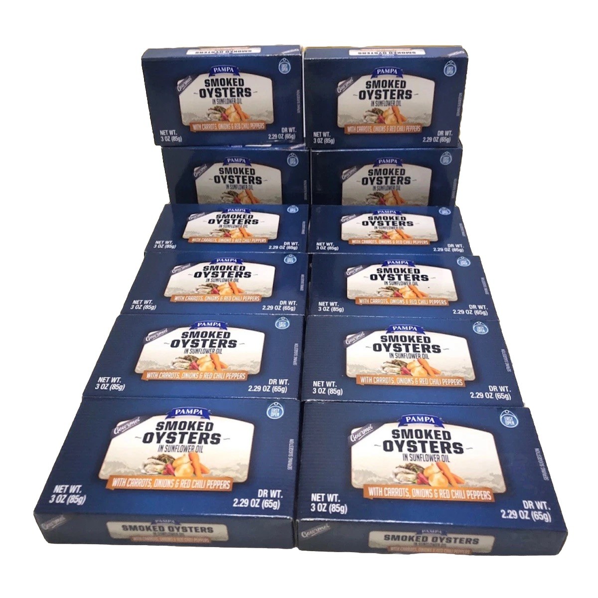 SMOKED OYSTERS IN SUNFLOWER OIL Pampa ( 12 Pk – 3 OZ. TINS) Exp.2027 ( 12 Cans