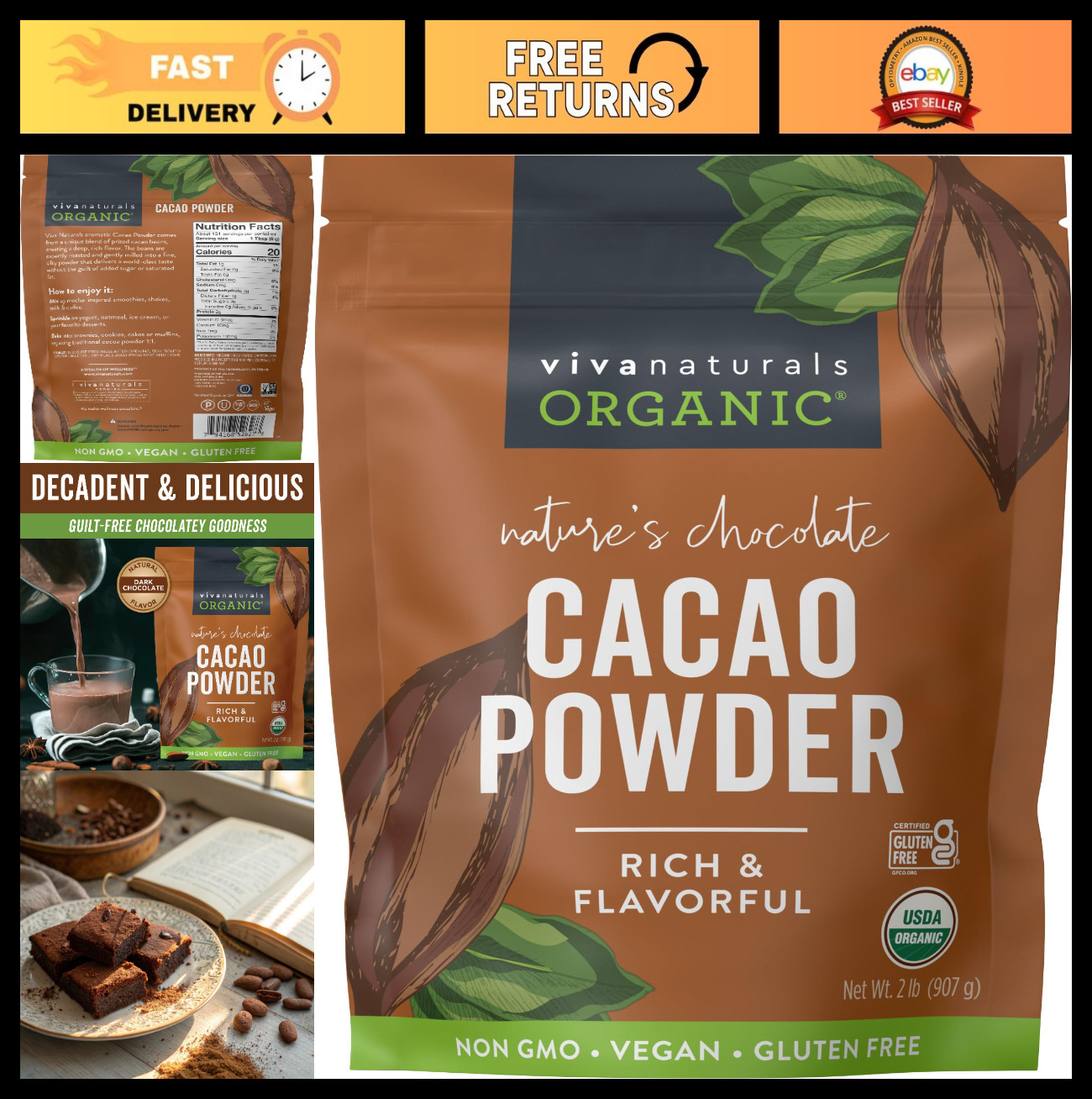 Organic Unsweetened Cacao Powder 2 lb – Rich Dark Chocolate for Baking, Smoothie