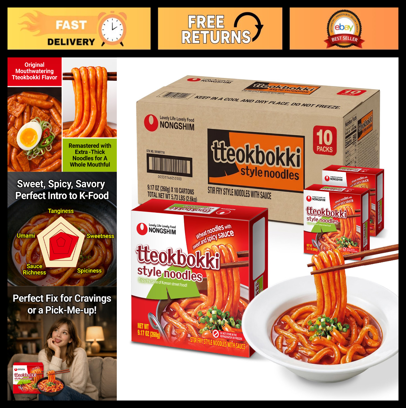 Korean Instant Noodles with Sweet & Spicy Sauce, Tteokbokki Style, 9.17 oz (10 P