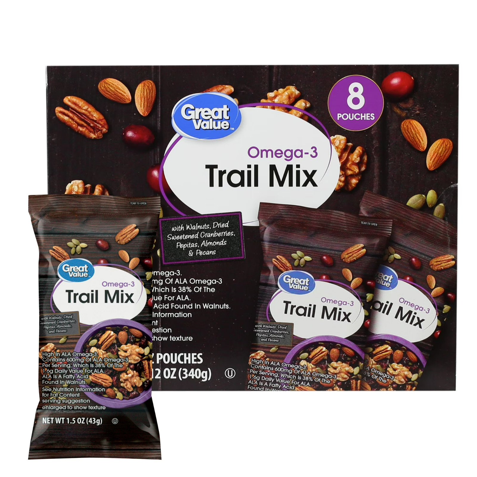 Great Value Omega-3 Trail Mix Snack Packs Nuts Dried Fruit 1.5oz 8 Count..