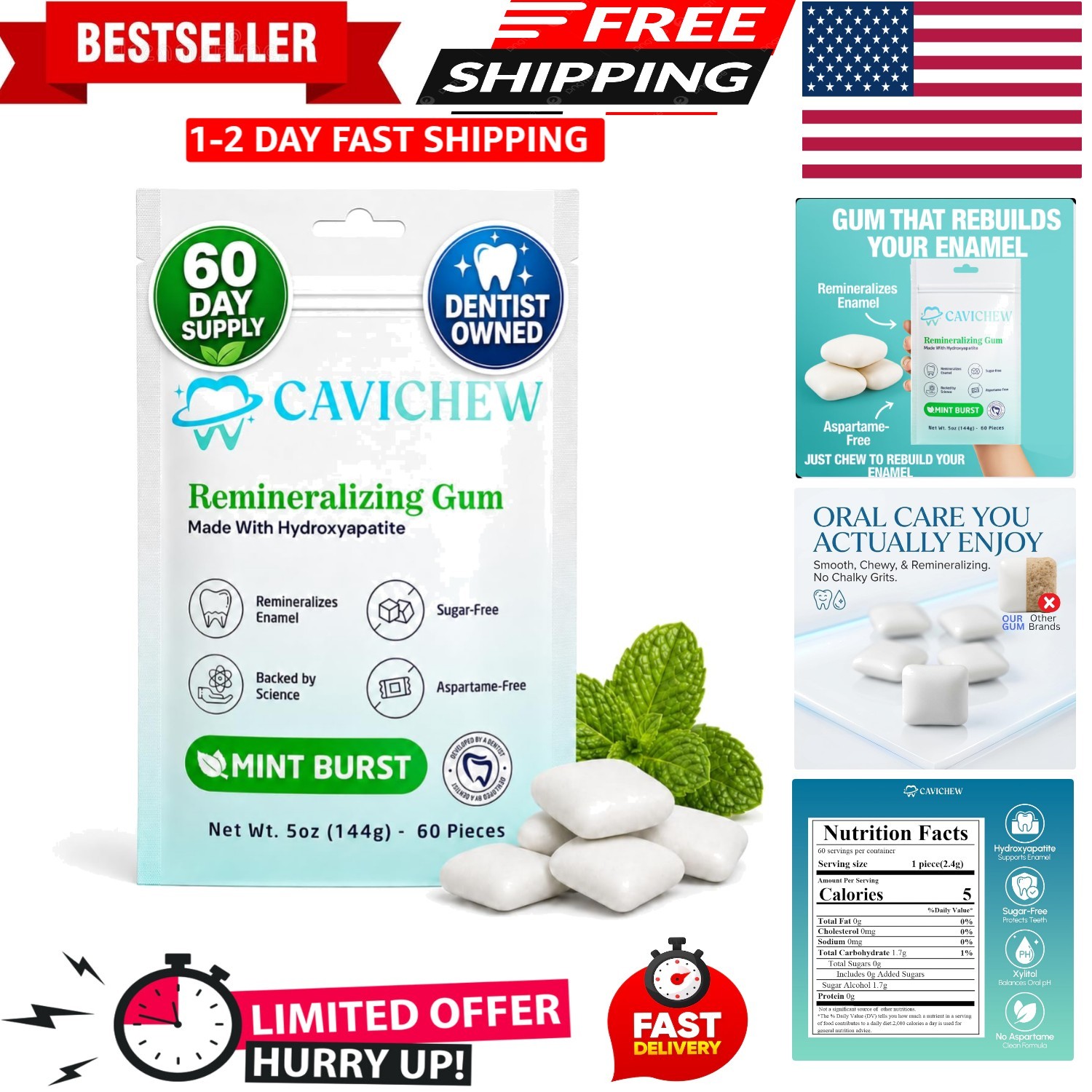 Remineralizing Gum with Nano Hydroxyapatite and Xylitol. Sugar Free, Aspartame F