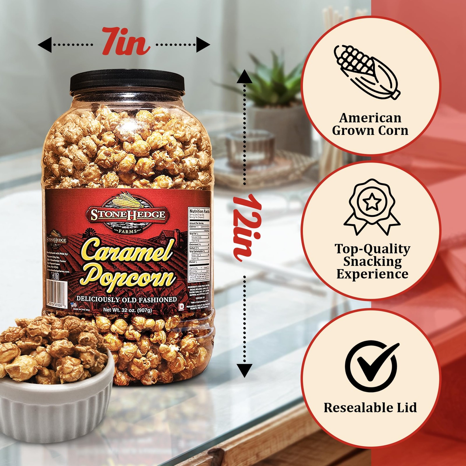 Stonehedge Farms Caramel Flavored Popcorn 32 oz Large Tub for Holidays Christmas