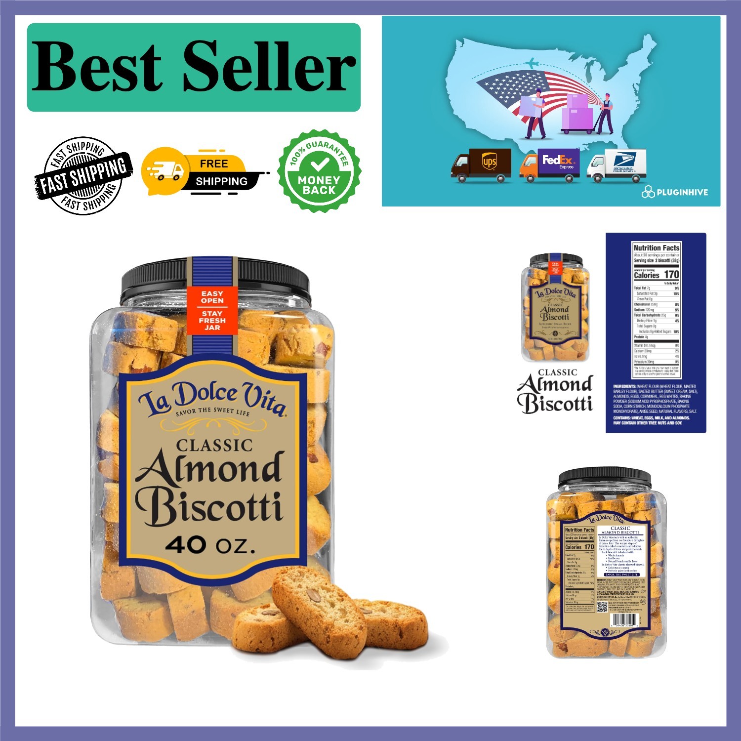 40 oz. Classic Almond Biscotti in Stay-Fresh Jar – Kosher and Vegetarian Treats