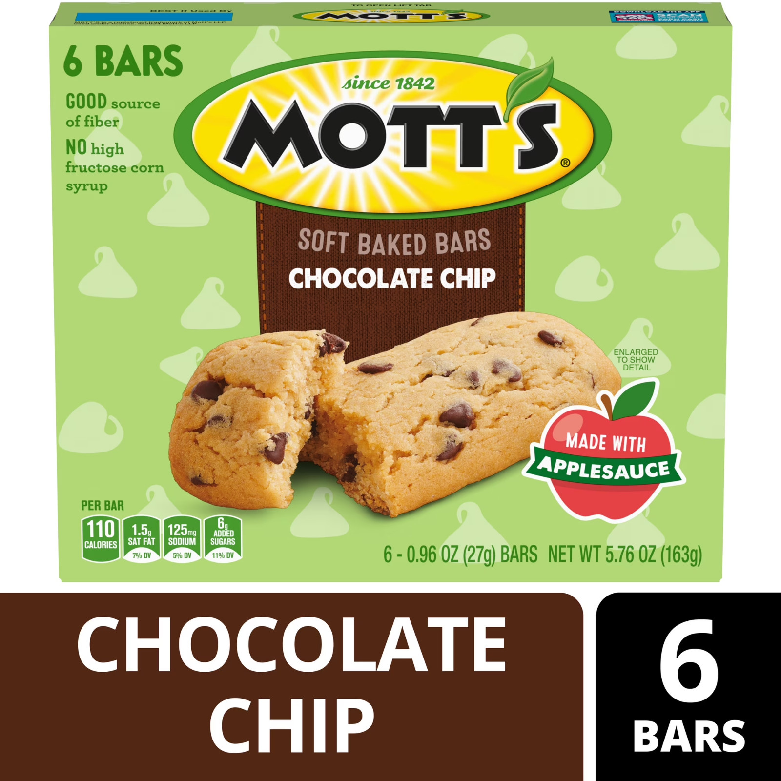 Mott’s Soft Baked Bars, Chocolate Chip, Made with Applesauce, 6 Ct, 5.76 oz