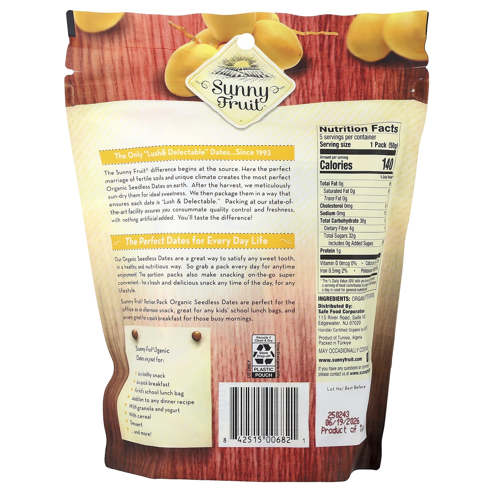 Organic Pitted Dates, 5 Portion Packs, 1.76 oz (50 g) Each