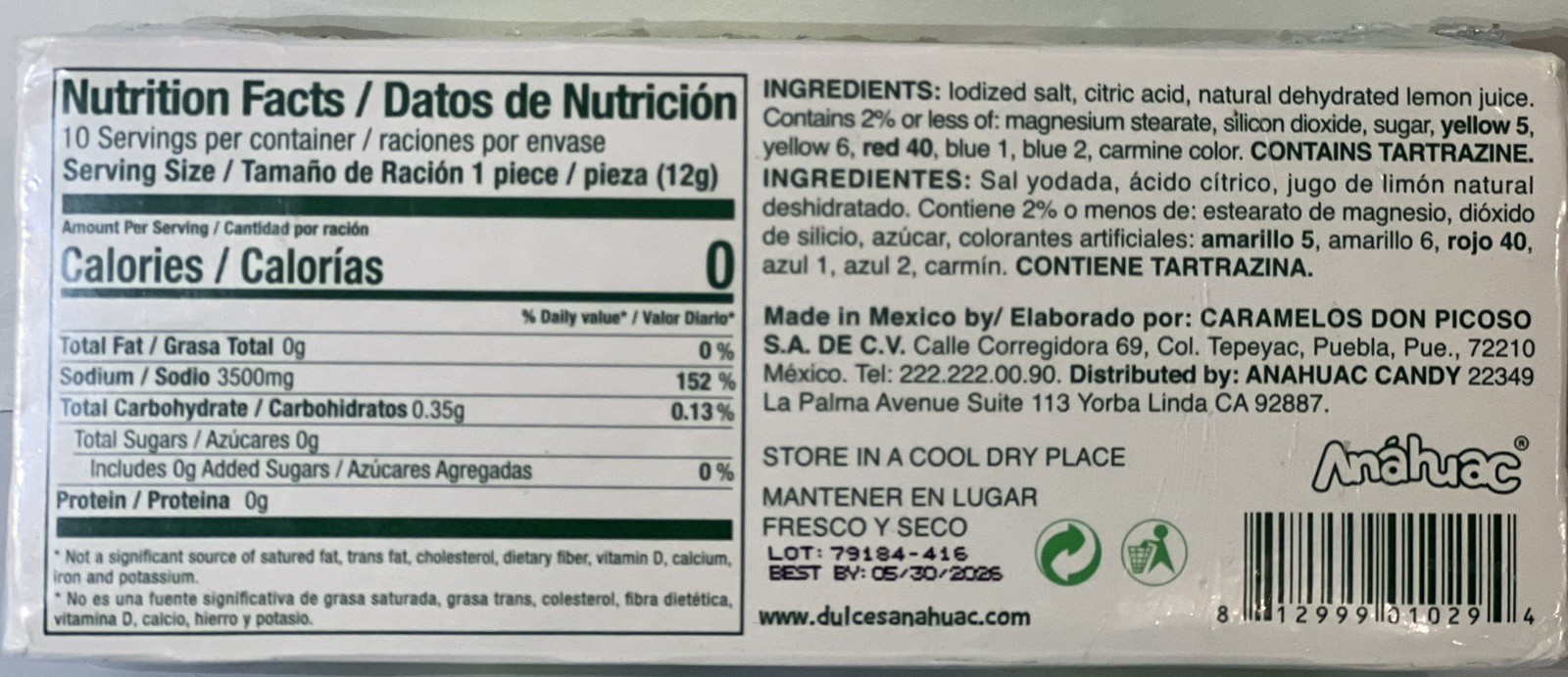 Limon 7 Salero Anahuac Salt & lemon powder Mexican candy 4.2-oz 10-pieces