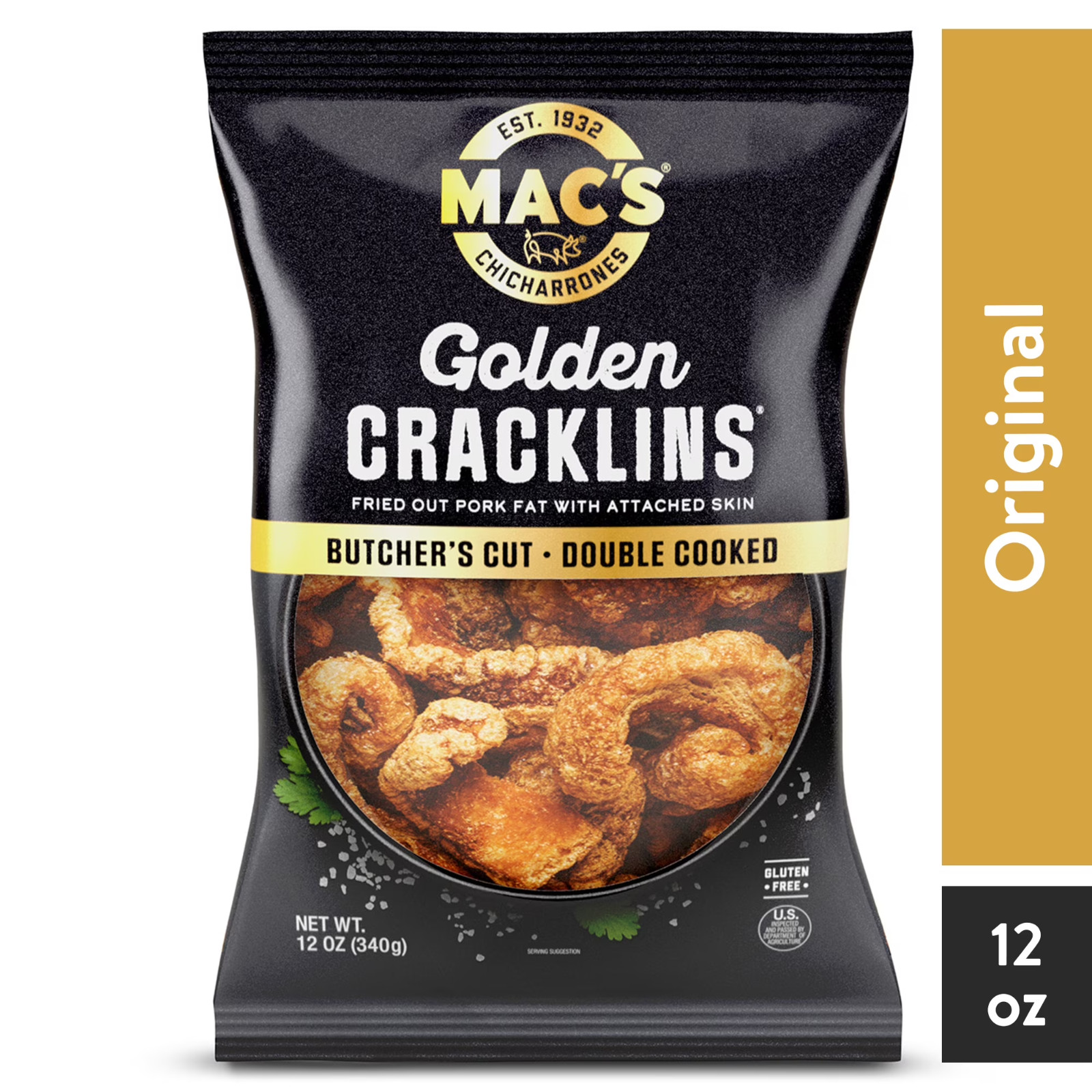 Mac’s Chicharrones Golden Cracklin Curls, Fried Pork Fat with Skin, 12 oz Bag.