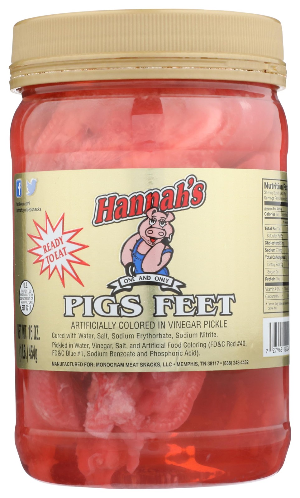 Hannah’s Ready To Eat Pickled Pigs Feet 16 oz. Jar