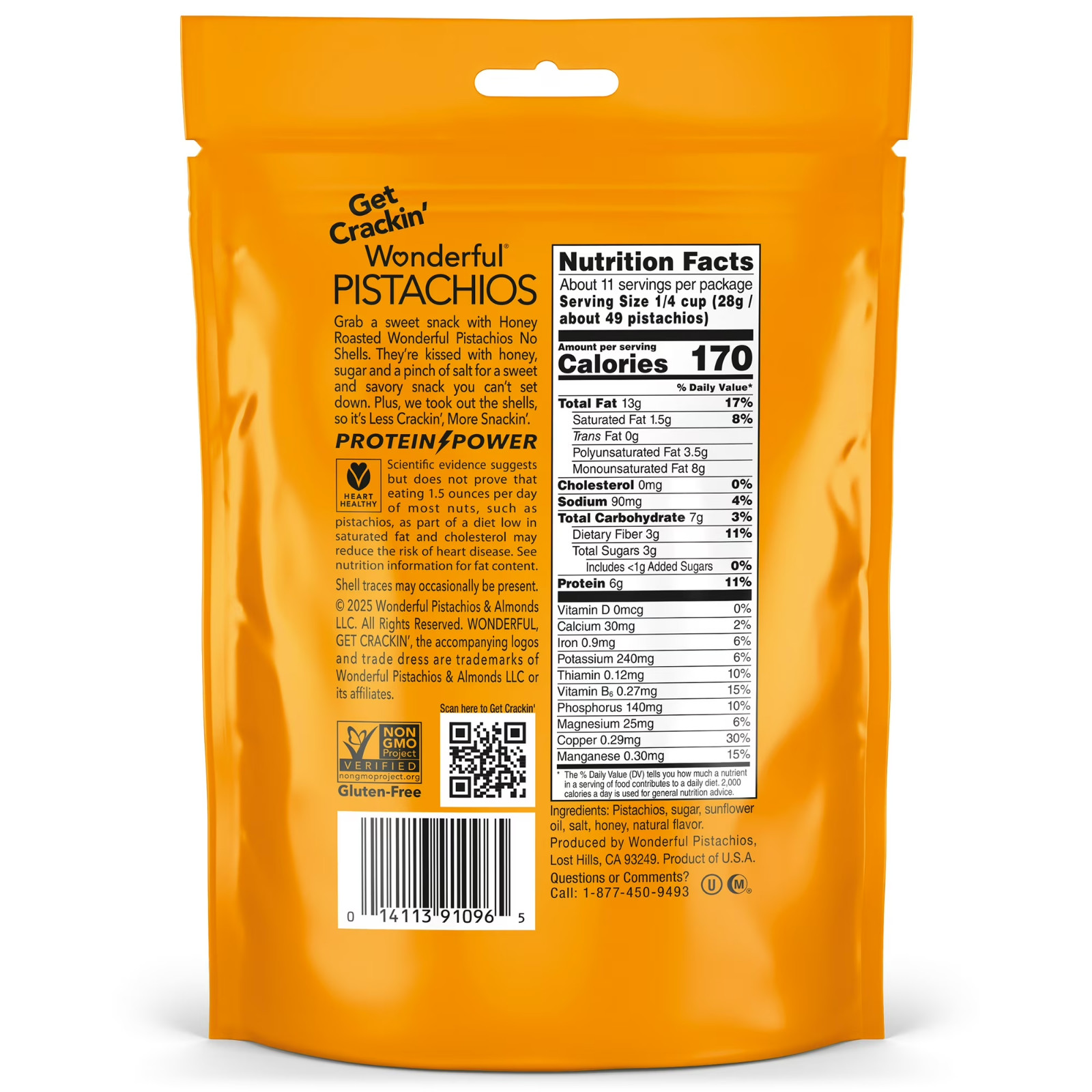 Wonderful Pistachios No Shells Honey Roasted Nuts, 11 Ounce Bag.