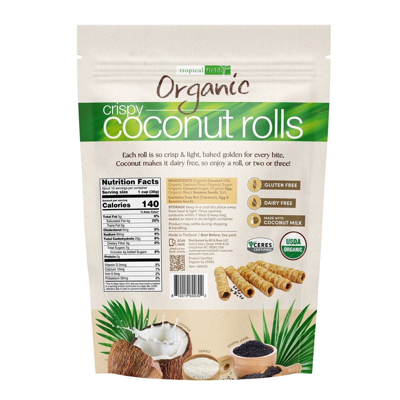 3 Packs Tropical Fields Organic Crispy Coconut Rolls 11 OZ Each Pack