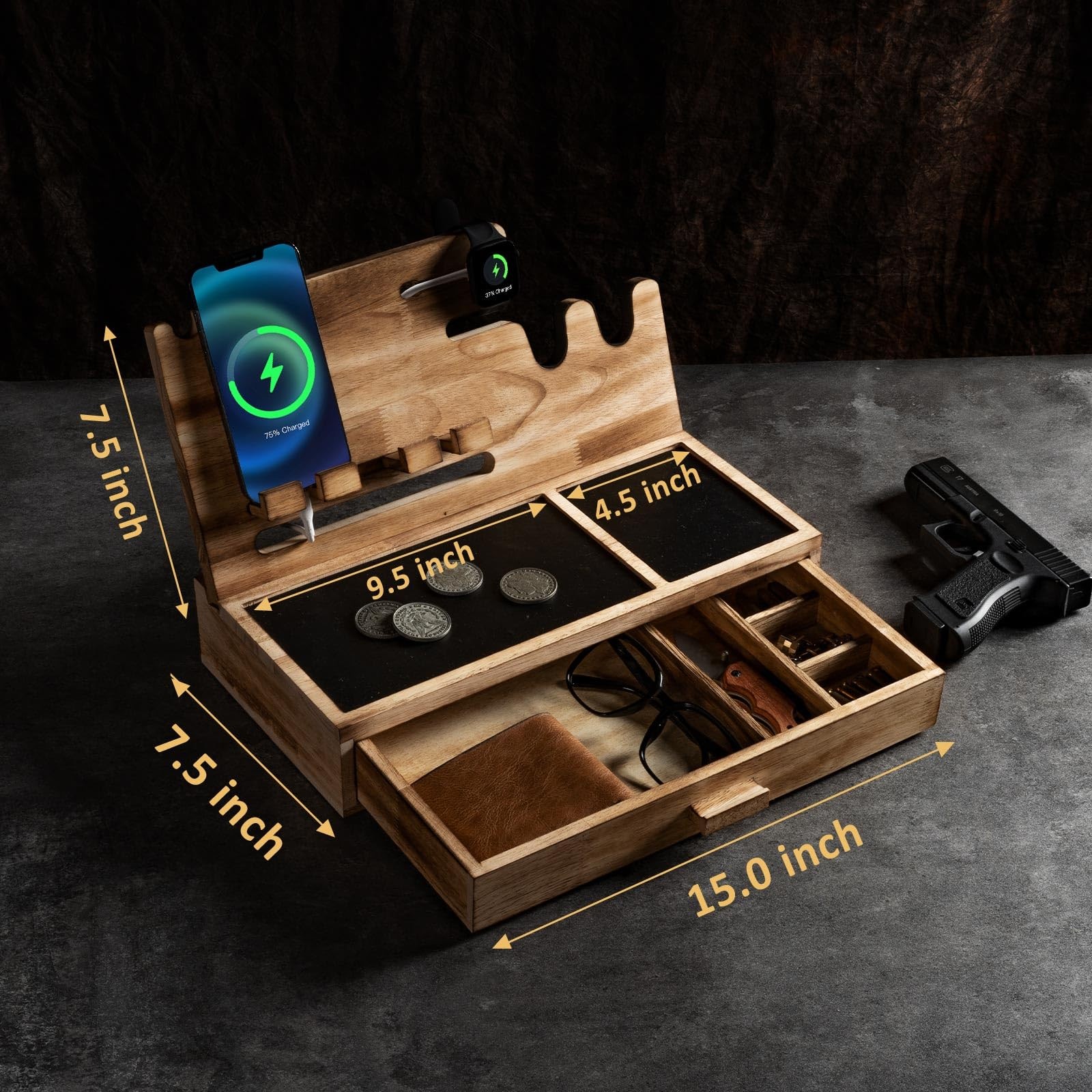 DGWJSU Wood Phone Docking Station & Pistol Rack, Nightstand Organizer, Men Gifts
