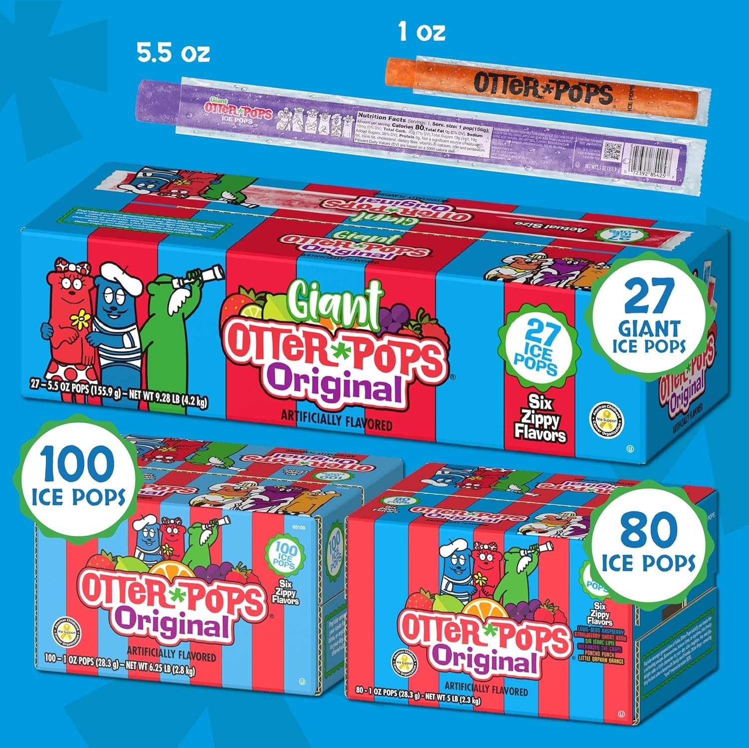 Assorted Freezer Pops, 1oz Freeze Pops in Six Zippy Flavors, 100 Count,