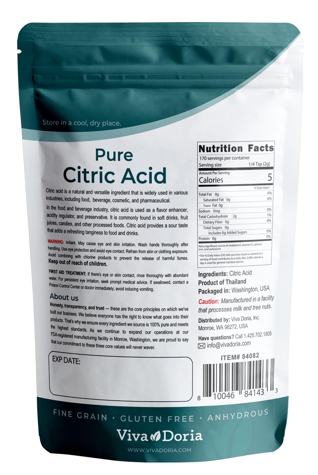 Viva Doria 100% Pure Citric Acid, Food Grade, Fine Grain, 12 oz (340 g)