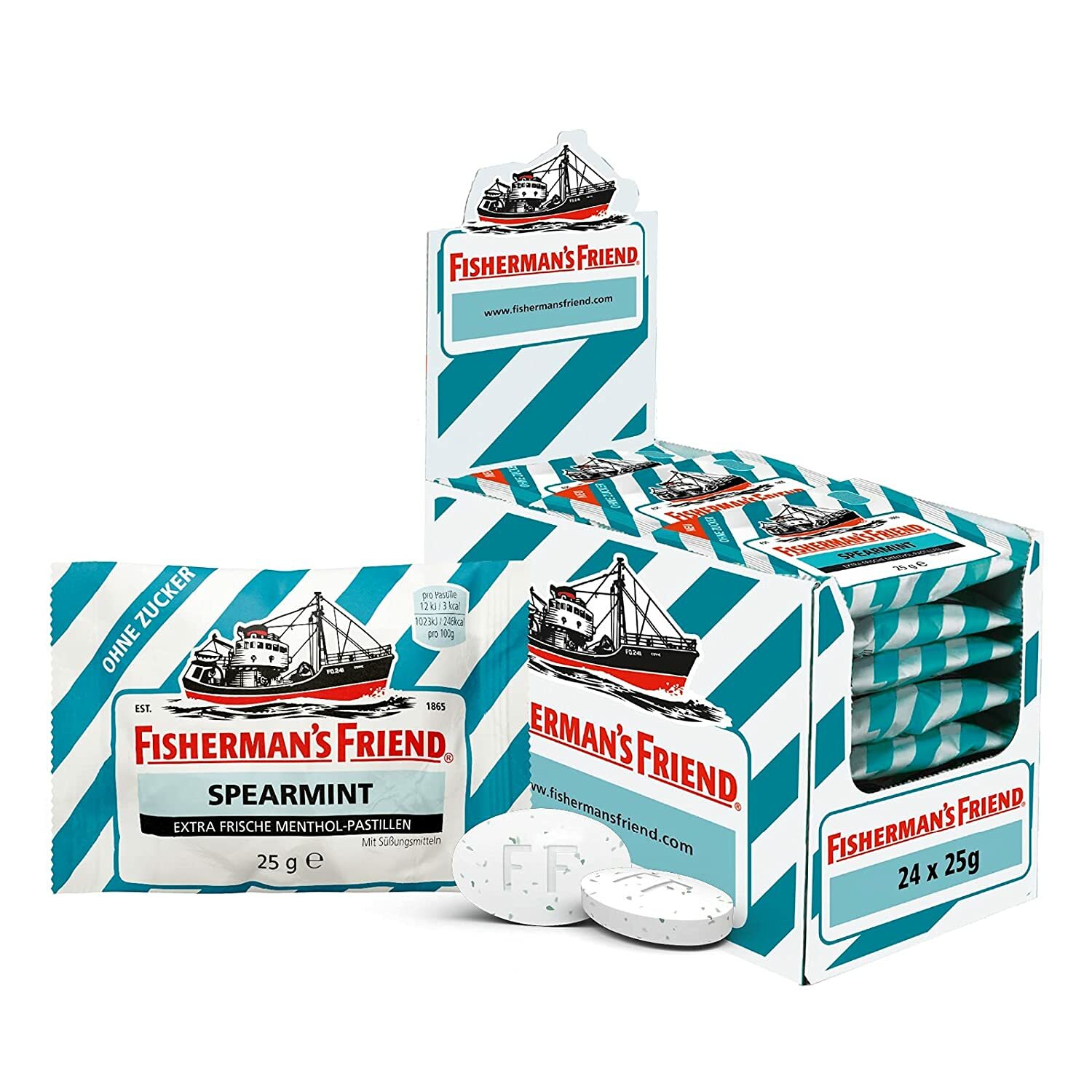 Box with 24 Bags Fisherman´s Friend ( Spearmint ) sugarfree New from Germany